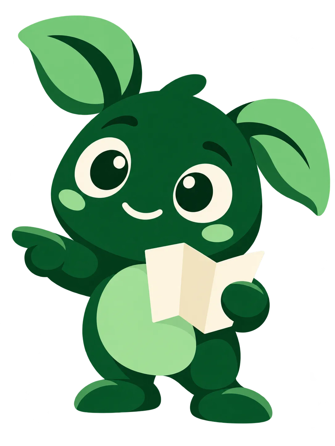 Conquistador, a round forest-green companion with leaf ears, holds a folded map and points ahead.