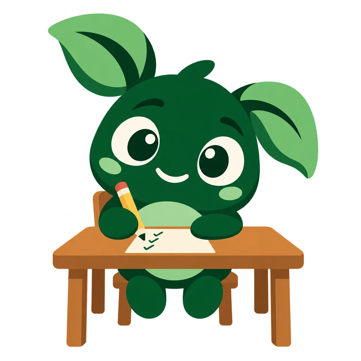Conquistador sits at a small desk and marks a sheet of paper with check marks.