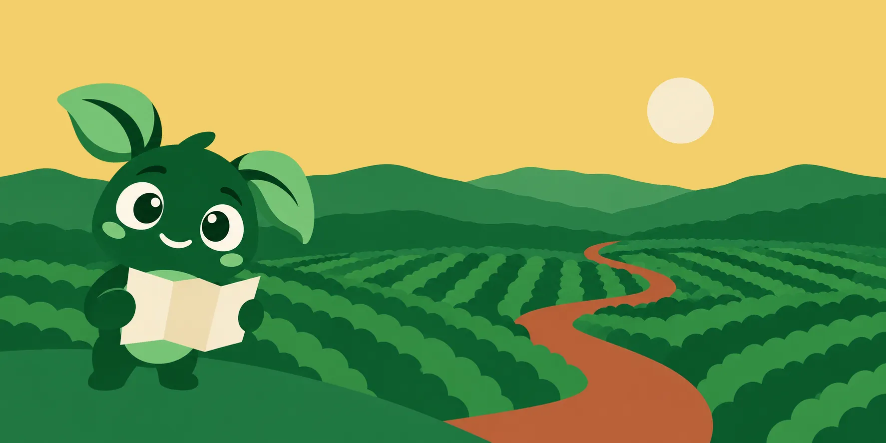 Conquistador stands on a green highland ridge with an open map, looking over coffee hills toward a low sun.