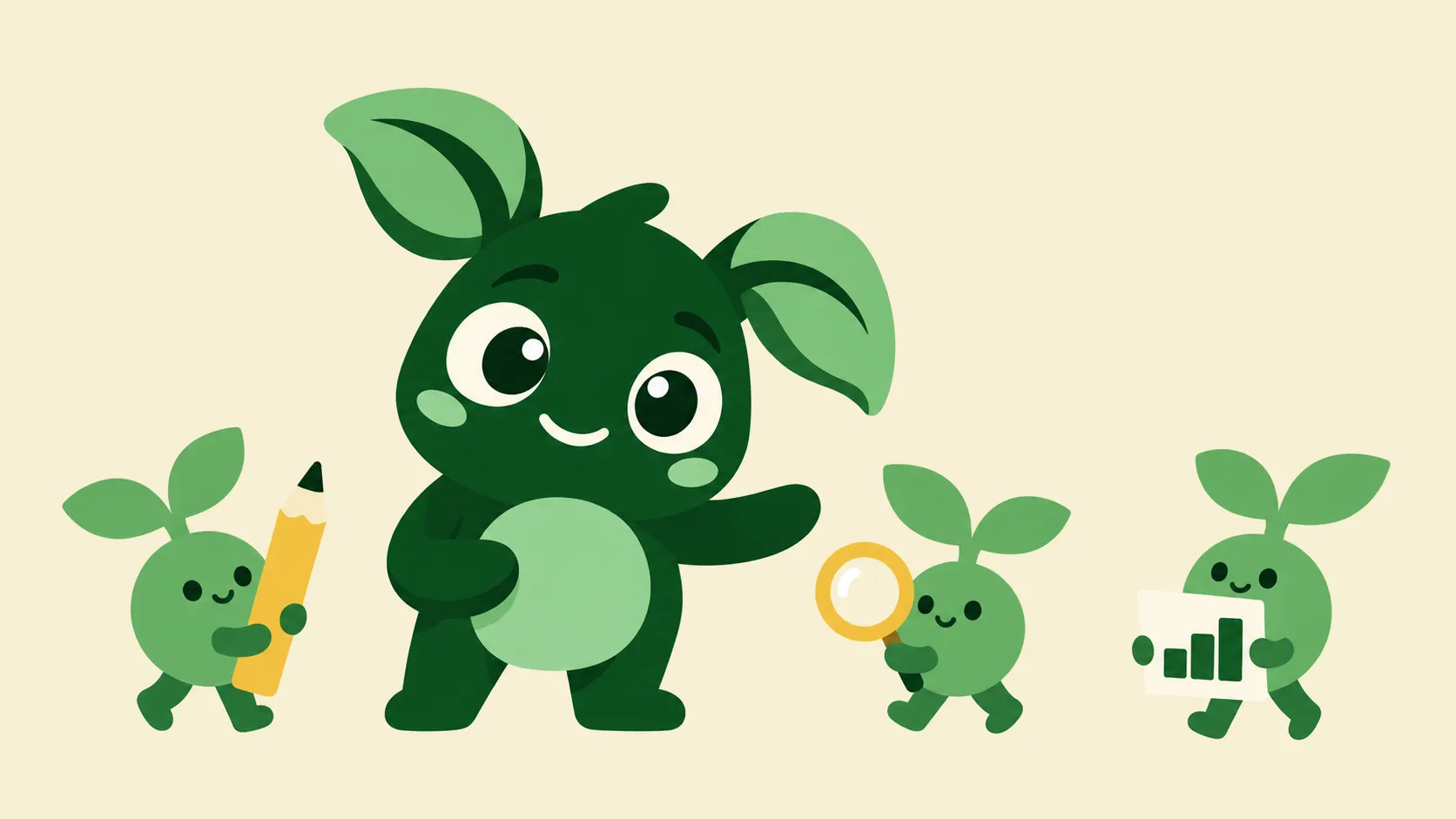 Conquistador directs three small sprout helpers who carry a pencil, a magnifier and a chart.